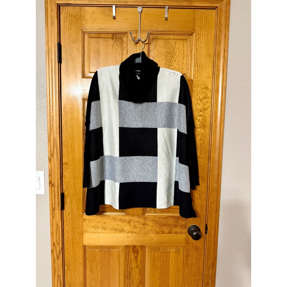 Charlie B Women's Patchwork Poncho Top Cowl Neck Knit Sweater Black Gray Cream